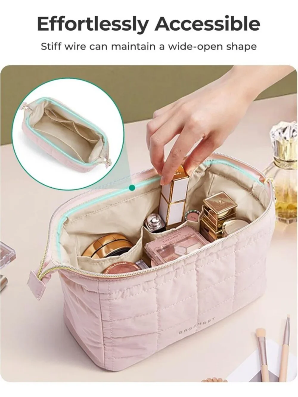Padded Pink Makeup Bag | Travel Toiletry Organizer, Wide-Open Zipper Pouch